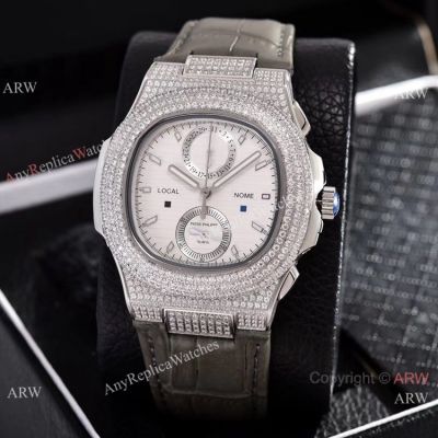Japan Grade Patek Philippe Copy Watches Nautilus Diamonds Watches Gray Leather Strap